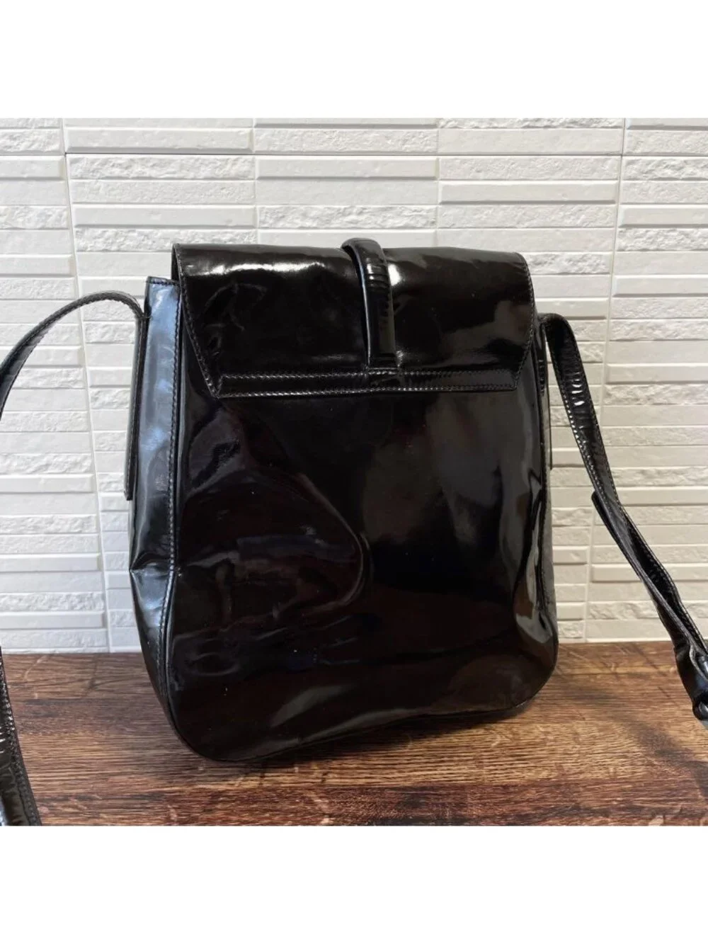 Prada Logo Enamel Patent Leather Shoulder Bag Dark Brown